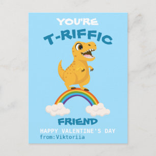 Valentine's day school t-rex dinosaur rainbow holiday postcard