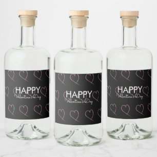 Valentines Day Scribble Hearts Pink Black Liquor Bottle Label