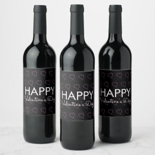 Valentines Day Scribble Hearts Pink Black Wine Label