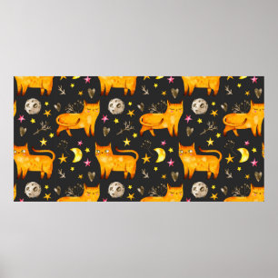 Valentine's day seamless pattern with cats, stars poster