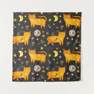Valentine's day seamless pattern with cats, stars tapestry