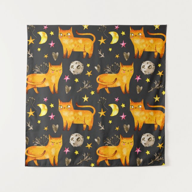 Valentine's day seamless pattern with cats, stars  tapestry (Front)