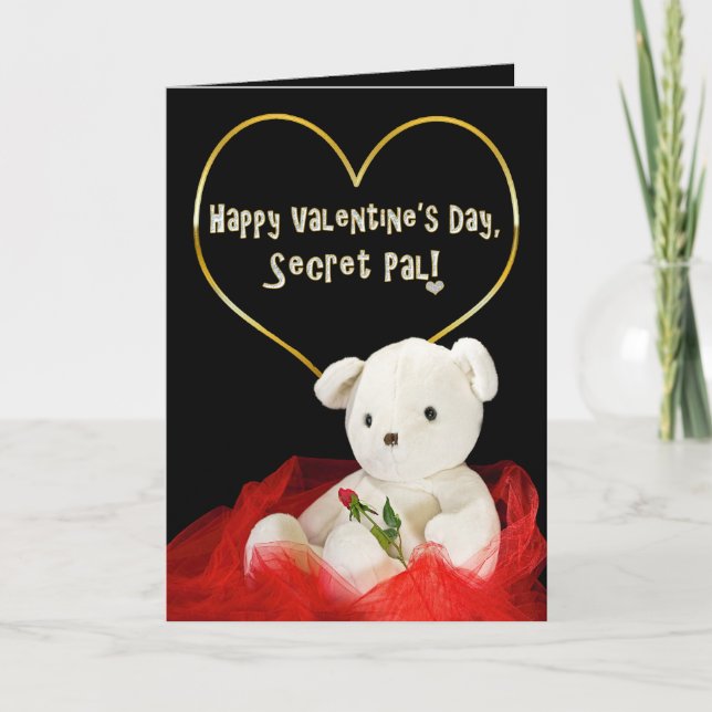 Valentine's Day - SECRET PAL- Teddy Bear/Red Rose Holiday Card (Front)