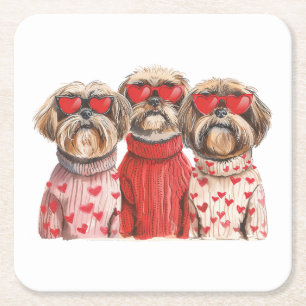 Valentines Day Shih Tzu Dogs Square Paper Coaster