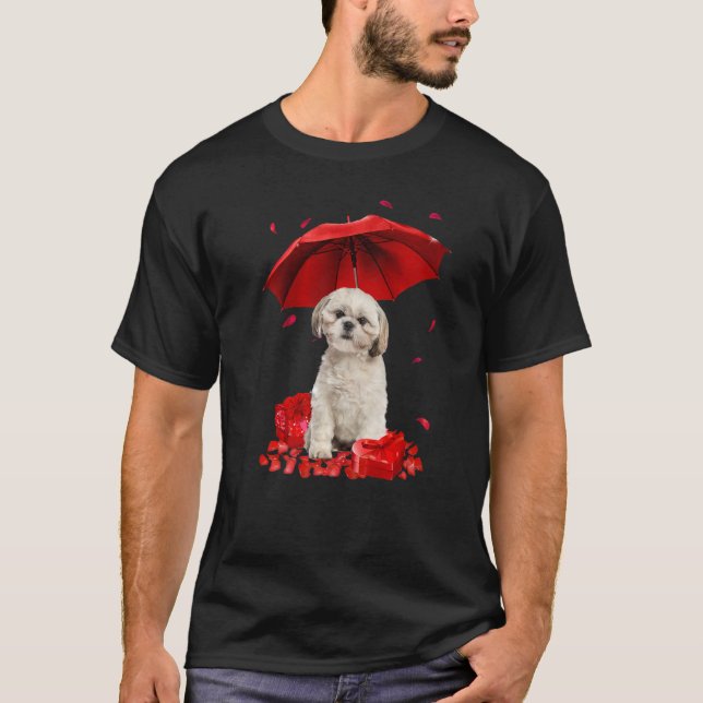 Valentines Day Shih Tzu Umbrella Heart Puppy Dog T-Shirt (Front)