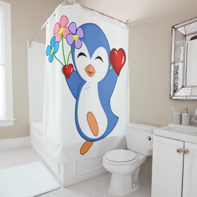 Valentine's Day Shower Curtain, Penguin Shower Curtain (In Situ)