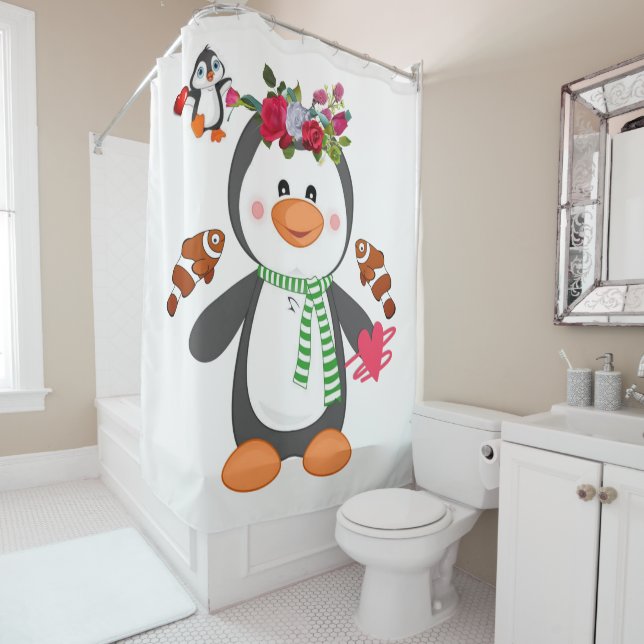 Valentine's Day Shower Curtain, Penguin Shower Curtain (In Situ)