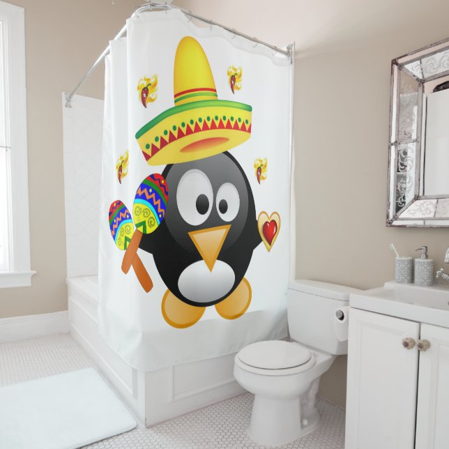 Valentine's Day Shower Curtain, Penguin Shower Curtain (In Situ)
