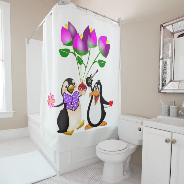 Valentine's Day Shower Curtain, Penguin Shower Curtain (In Situ)