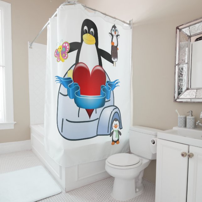 Valentine's Day Shower Curtain, Penguin Shower Curtain (In Situ)