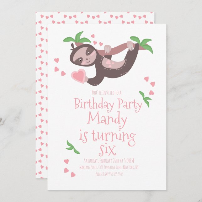 Valentines Day Sloth Birthday Party Hearts Pink (Front/Back)