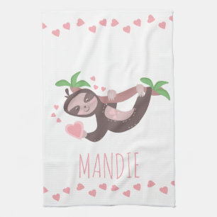 Valentine's Day Sloth Hearts Floating Pink Tea Towel