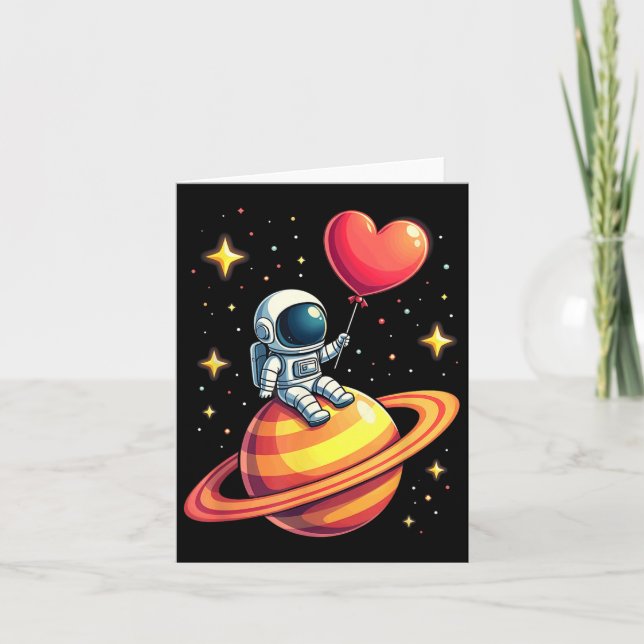 Valentines Day Space Astronaut Heart Balloon  Card (Front)