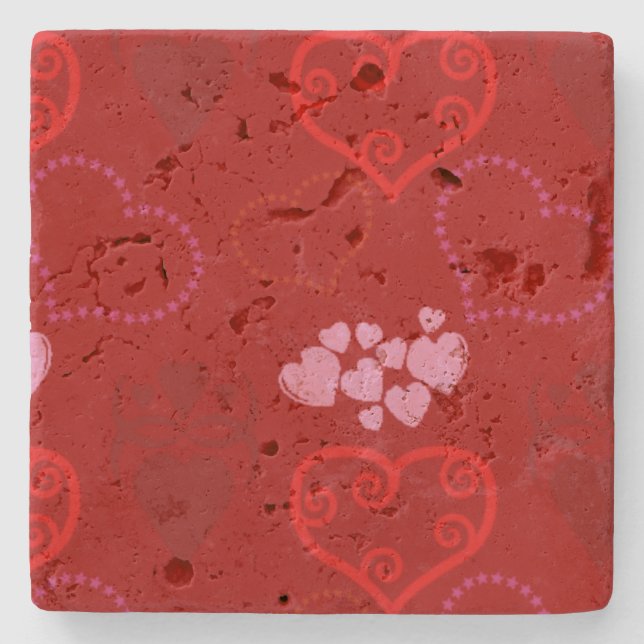 Valentines Day Stone Coasters - Red & Pink Hearts (Front)