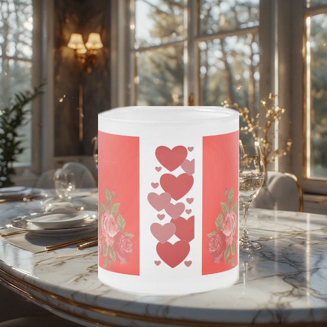 Valentines Day Sweeping Hearts Romantic Roses  Frosted Glass Coffee Mug (Valentines Day Sweeping Hearts Romantic Roses Frosted Glass Coffee Mug)