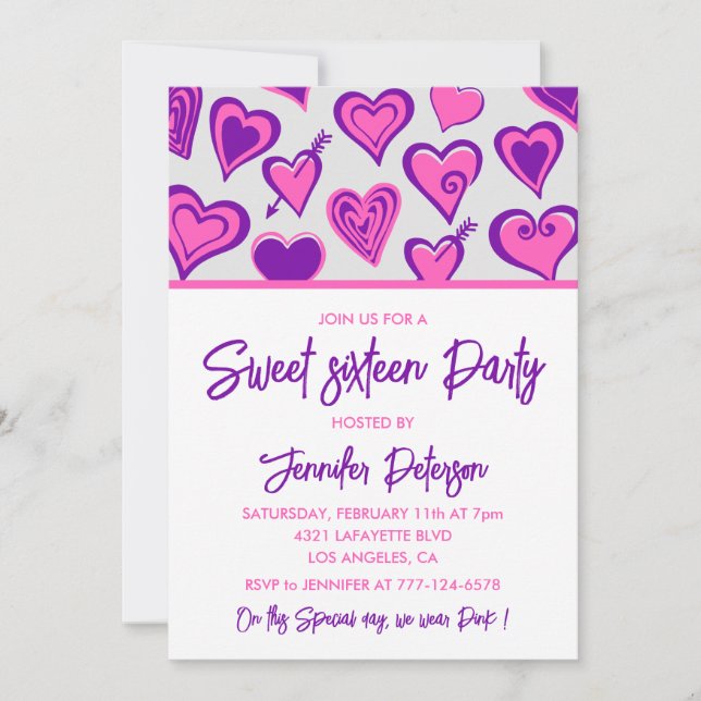 Valentines day sweet 16 invitations heart pattern (Front)