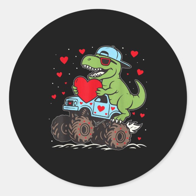 Valentines Day T Rex Riding Monster Truck Funny To Classic Round Sticker (Front)