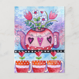 Valentine's Day Tea Pot and Whimsical Hearts Holiday Postcard