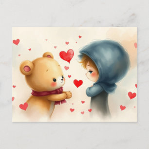 Valentine's Day Teddy Bear and Little Girl Holiday Postcard