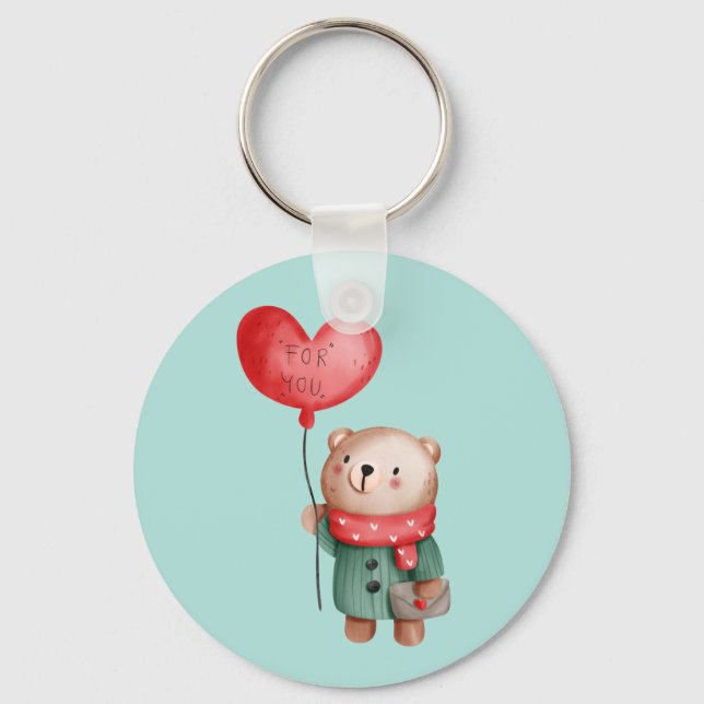 Valentine's Day teddy bear loveheart balloon Key Ring (Front)
