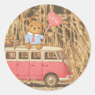 Valentine's Day: Teddy Bear & Pink Vintage Car Classic Round Sticker