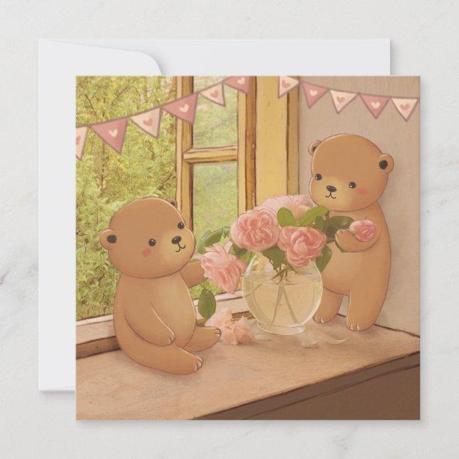 Valentine's Day: Teddy Bears & Flowers Holiday Card (Front)