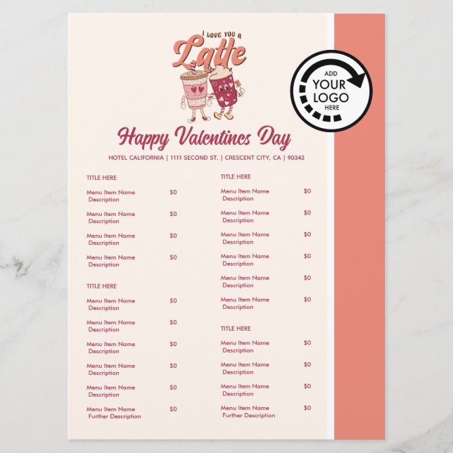 Valentines Day Themed Restaurant Take Out Menu (Front)