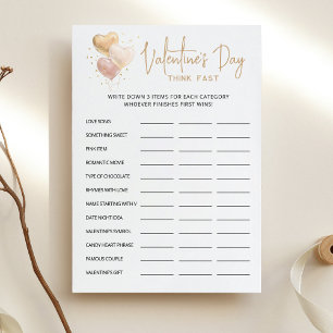 Valentine's day Think Fast, Think Quick party Card