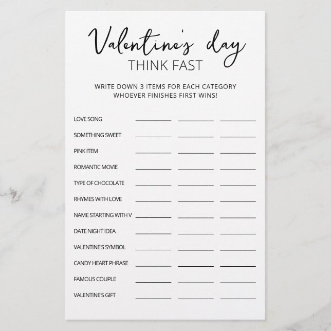 Valentine's day Think Fast, Think Quick party game (Front)