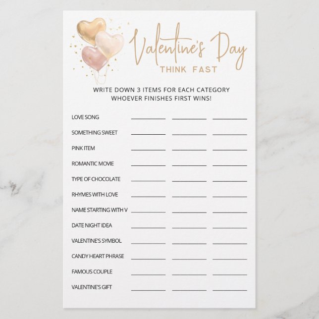 Valentine's day Think Fast, Think Quick party game (Front)