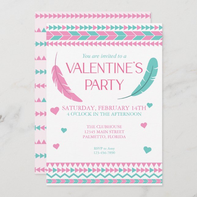 Valentine's Day Tribal Pink Teal Feathers Party Invitation (Front/Back)