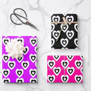 Valentines Day Triple Hearts Neon Pattern Wrapping Paper Sheet