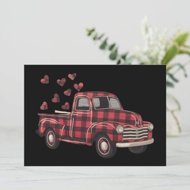 Valentine's Day Truck Funny Buffalo Plaid Leopard  Holiday Card (Standing Front)
