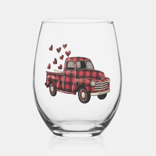 Valentine's Day Truck Funny Buffalo Plaid Leopard Stemless Wine Glass