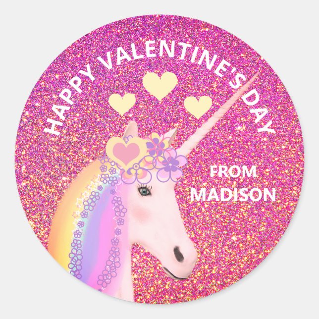 Valentines Day Unicorn Pink Glitter Hearts Name Classic Round Sticker (Front)