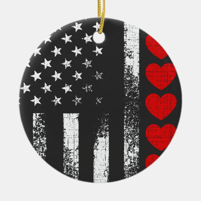 Valentines Day US American Flag Heart Patriotic Ceramic Tree Decoration (Front)