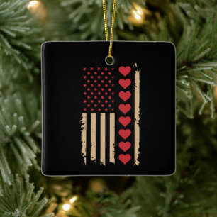 Valentine's Day US Flag Hearts Ceramic Ornament