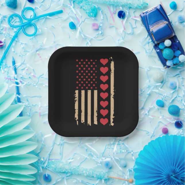 Valentine's Day US Flag Hearts  Paper Plate (Party)