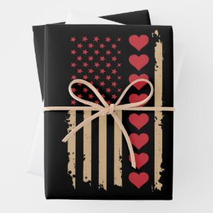 Valentine's Day US Flag Hearts Wrapping Paper Sheet