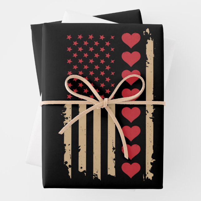 Valentine's Day US Flag Hearts  Wrapping Paper Sheet (In situ)