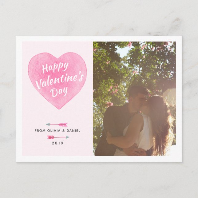 Valentine's Day Watercolor Heart Photo Postcard (Front)