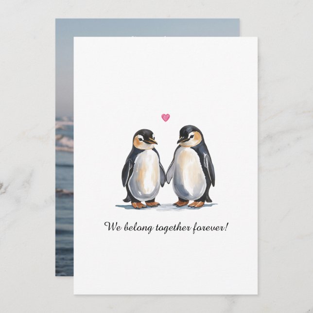 Valentines Day Watercolor Penguins And Photo Holiday Card (Front/Back)
