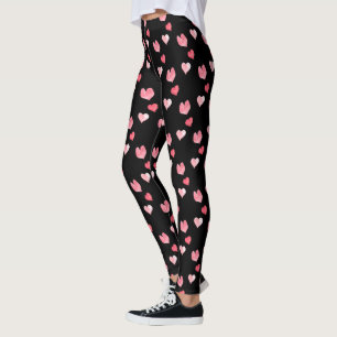 Valentine's Day Watercolor pink hearts on black Leggings