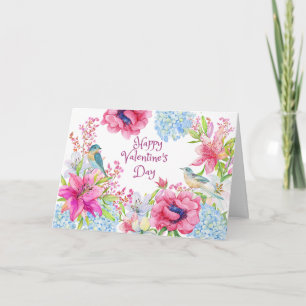 Valentine's Day Watercolor Vintage Flowers, Birds Card