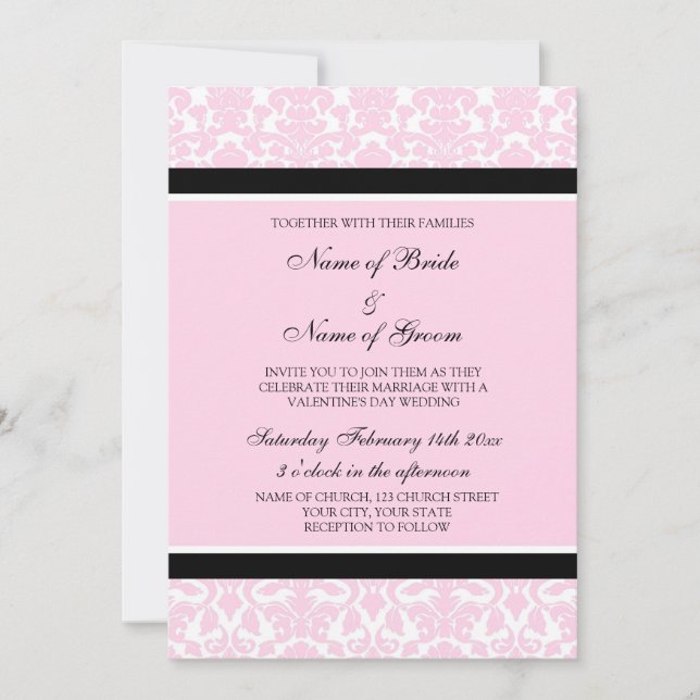 Valentine's Day Wedding Invitations Pink Damask (Front)