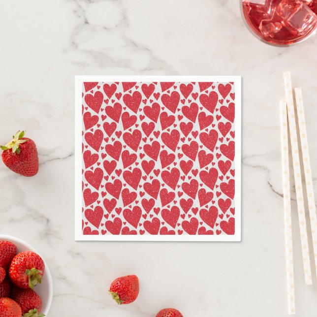 Valentine's Day Wedding Red White Glitter Hearts Napkin (Insitu)