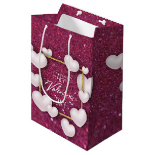 Valentines Day White Heart Glitter Medium Gift Bag