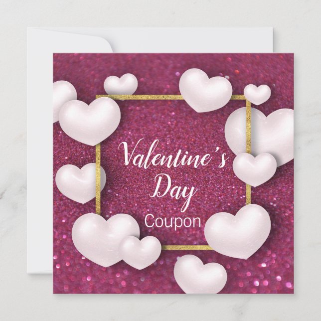 Valentine's Day White Hearts Glitter Coupon Card (Front)