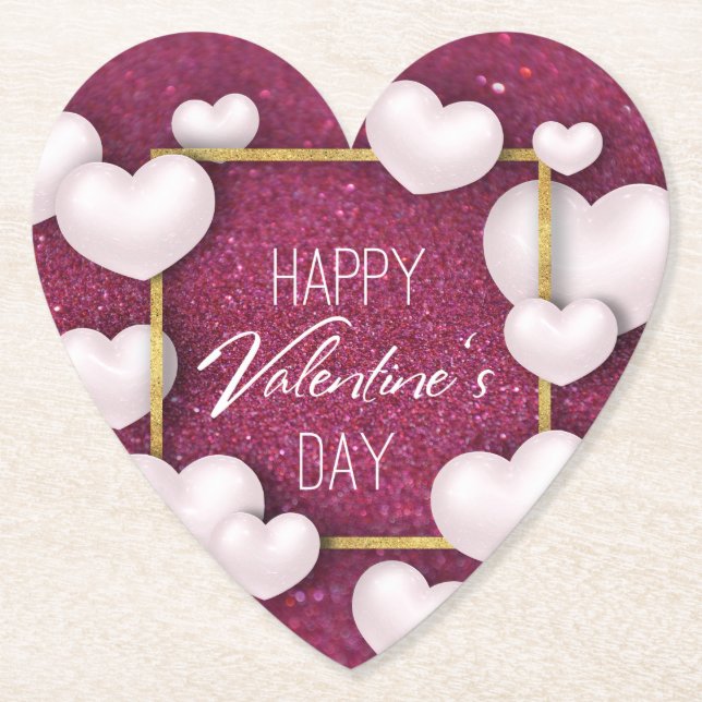 Valentine's Day White Hearts Glitter Paper Coaster (Front)