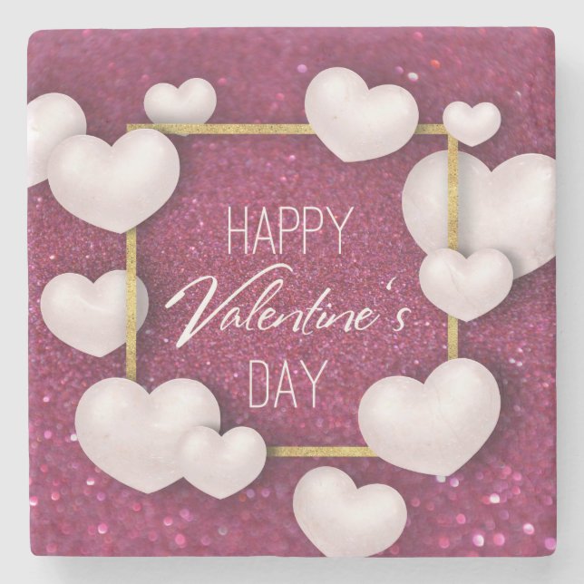 Valentine's Day White Hearts Glitter Stone Coaster (Front)